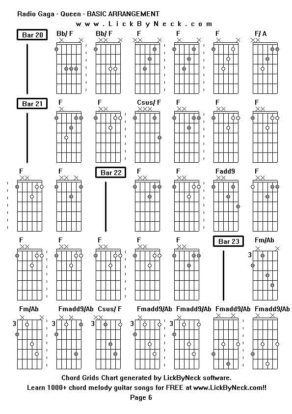 Chord Grids Chart of chord melody fingerstyle guitar song-Radio Gaga - Queen - BASIC ARRANGEMENT,generated by LickByNeck software.